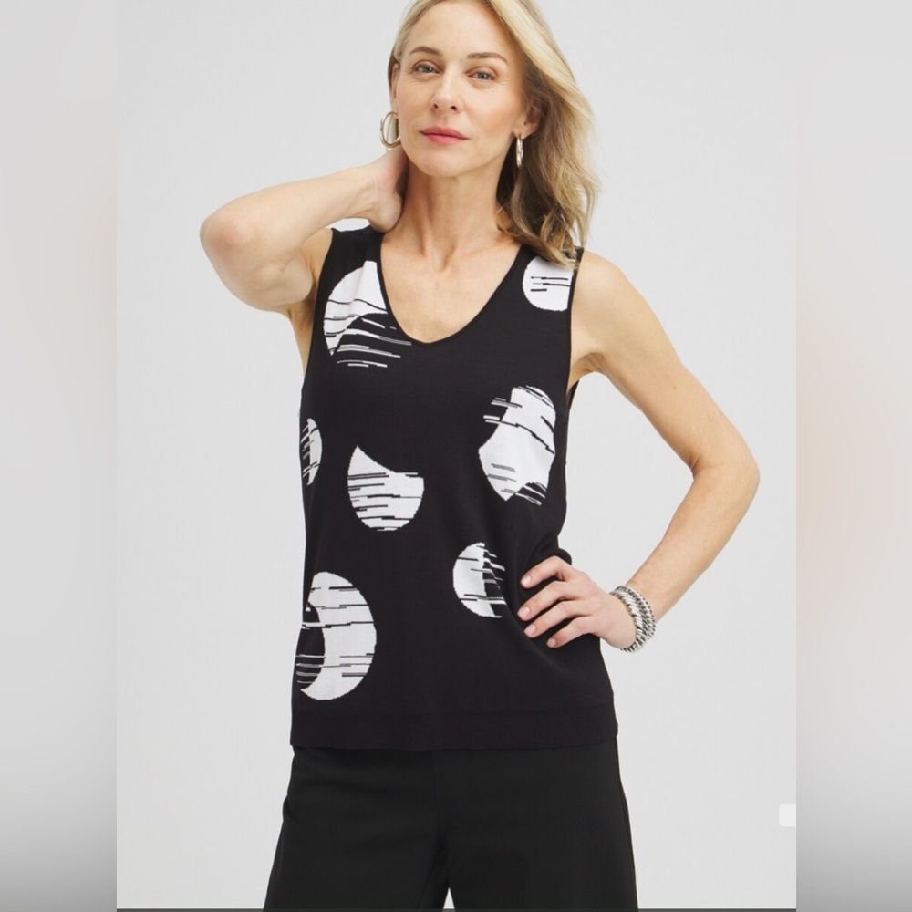 Chico’s Spun Rayon Dots V-Neck Tank Top Size 2 US L Color Black & White